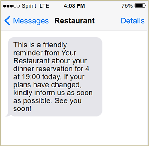SMS booking confirmation sent automatically after reservation