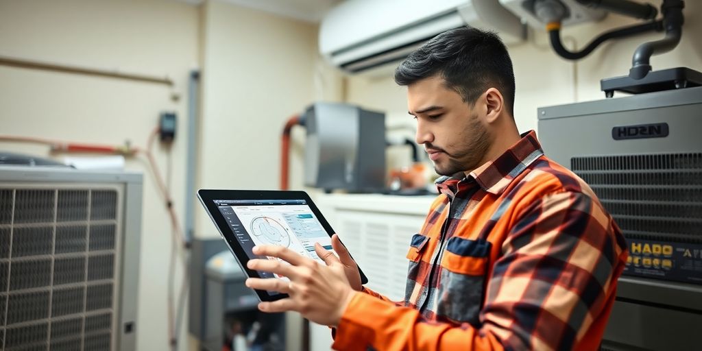 HVAC technician using a tablet to generate an AI-powered quote on site
