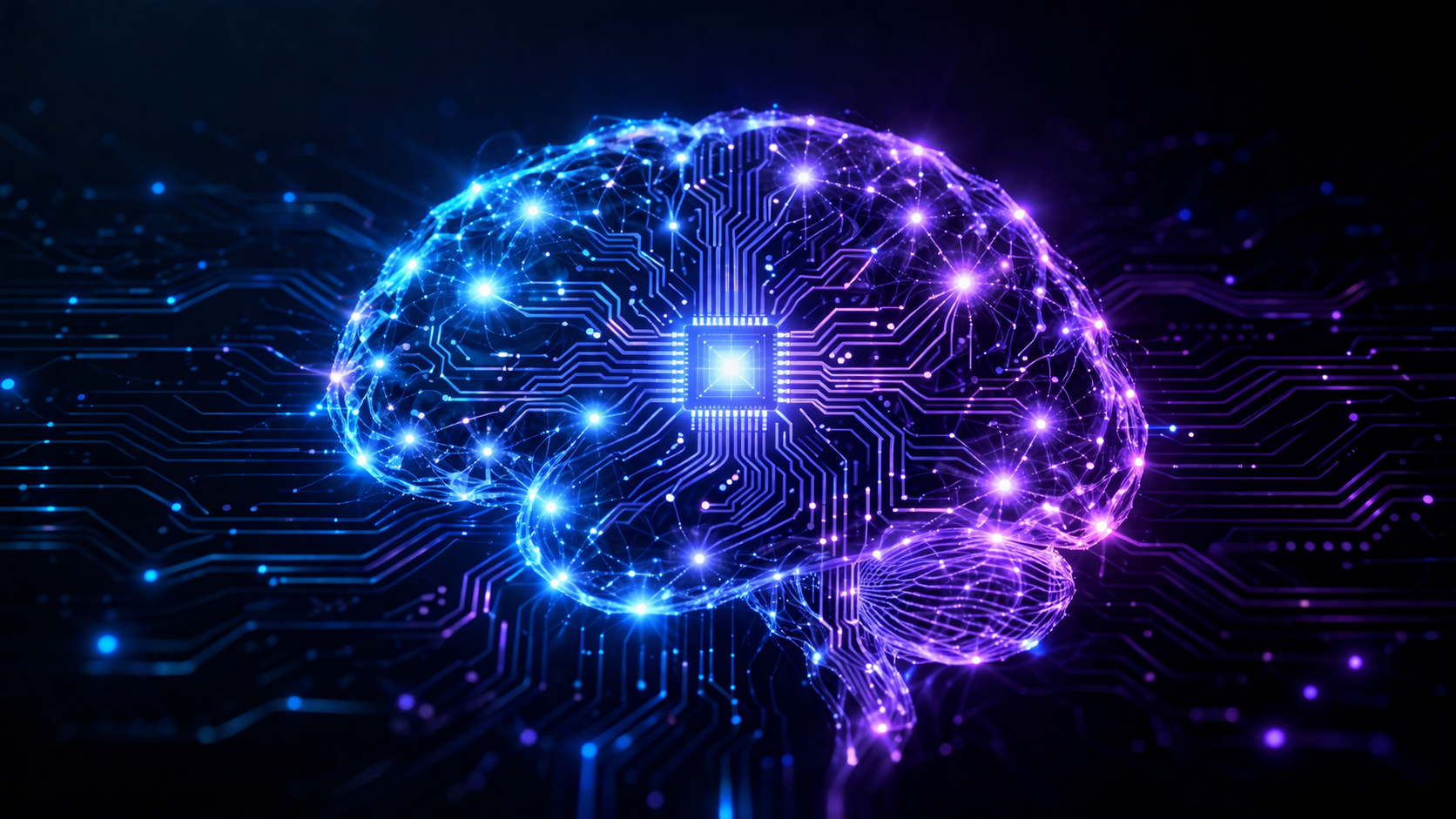 Neon circuit brain representing AI neural networks and autonomous reasoning