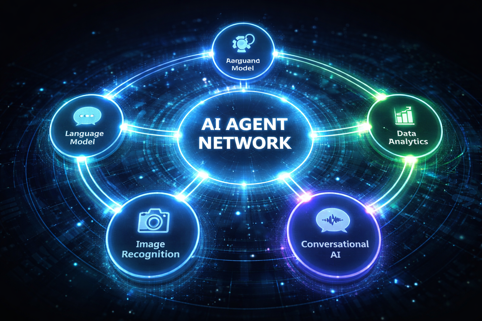 Futuristic AI agent network showing connected multi-agent systems
