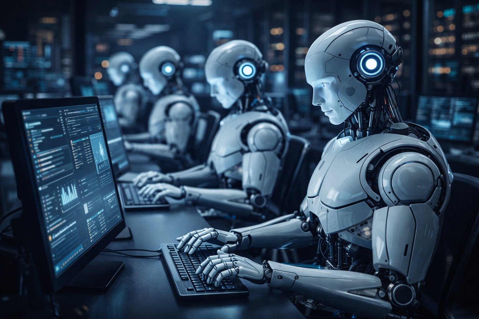AI robots working autonomously in a high-tech office