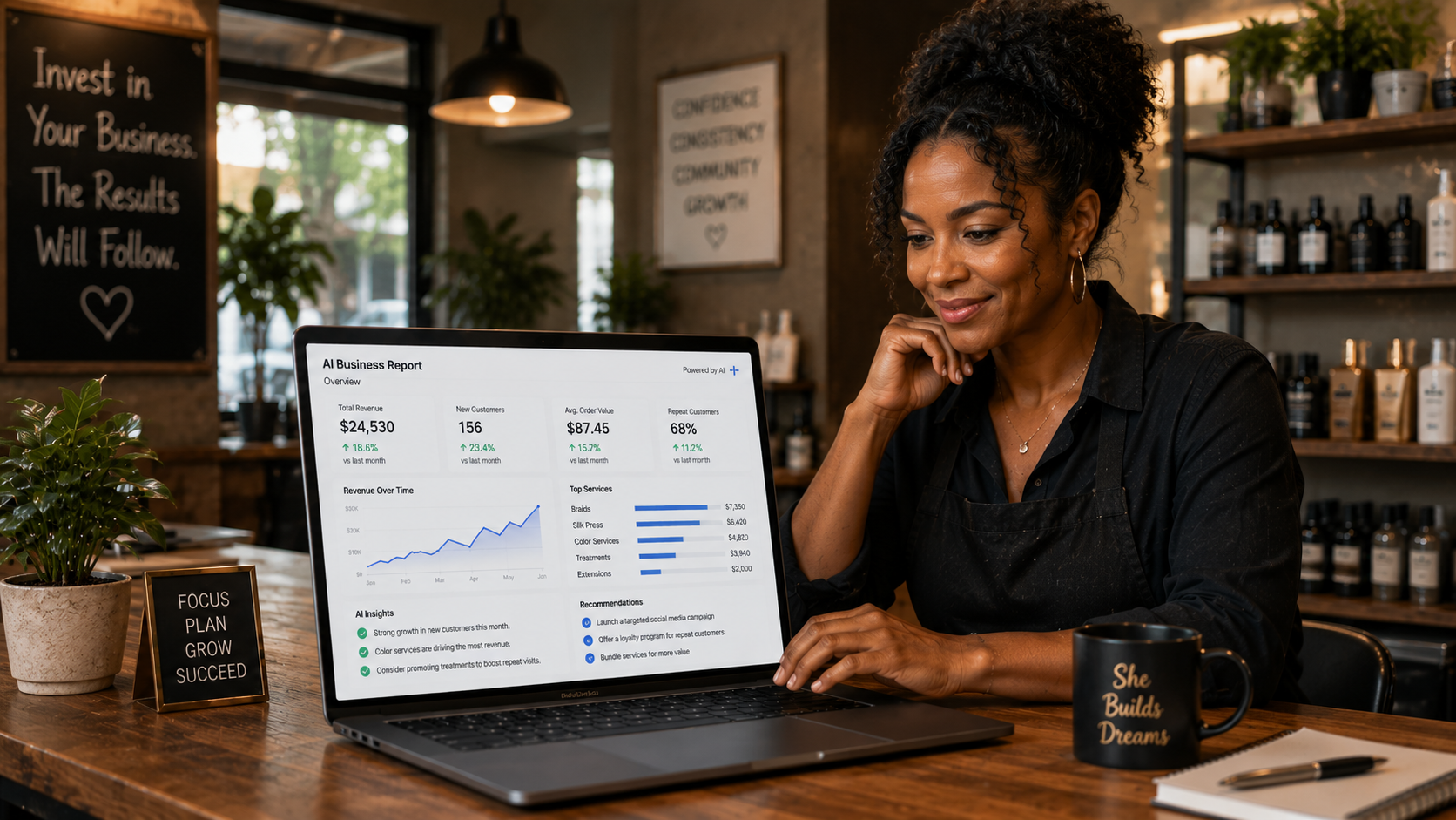 Focused business owner reviewing AI-generated reports on a laptop