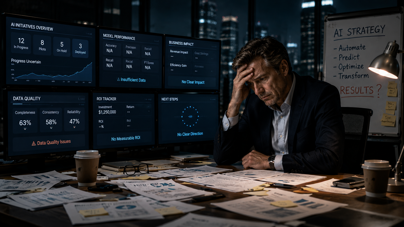 Frustrated executive at a desk surrounded by AI dashboards with no clear results